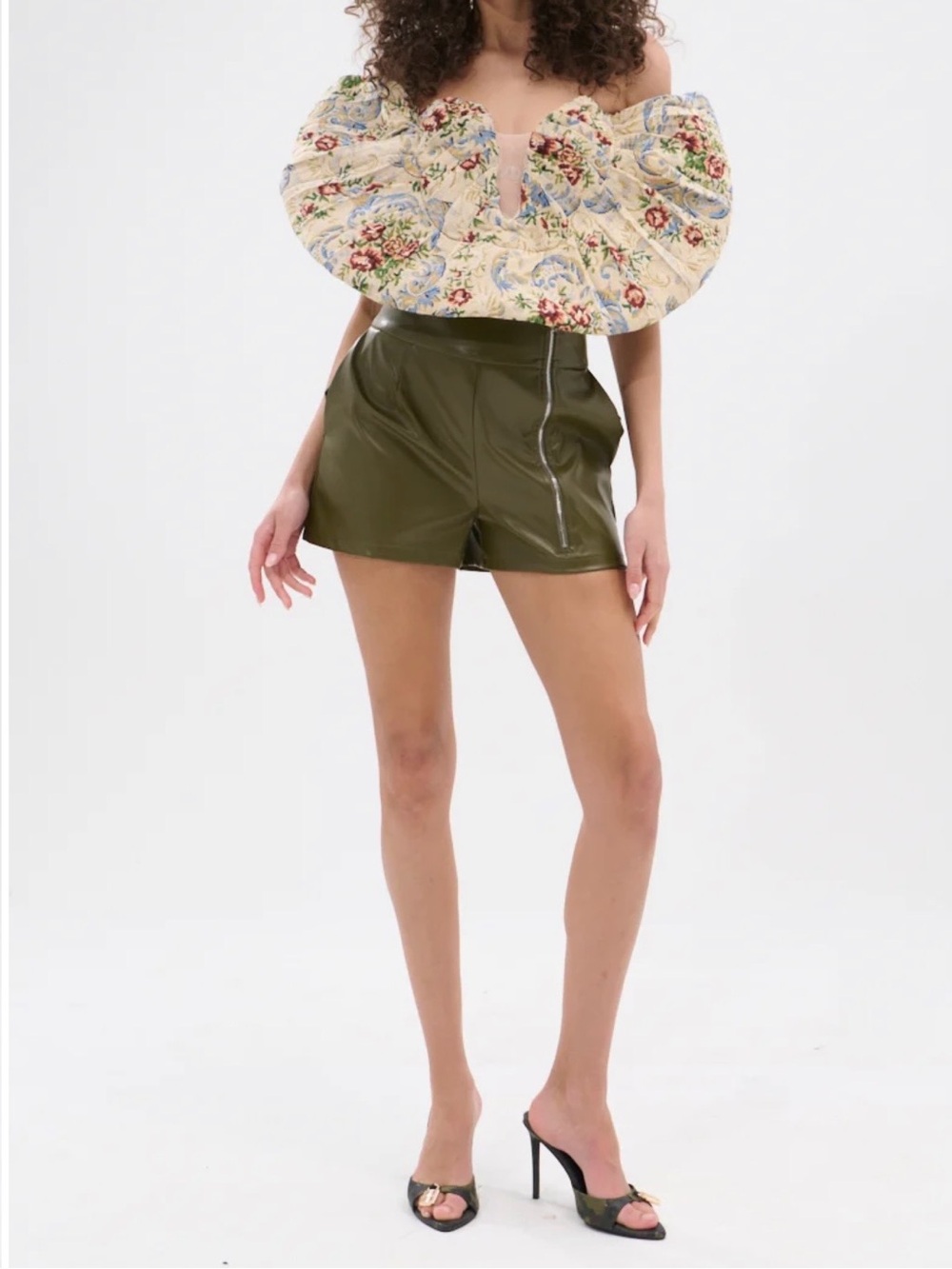 AKIRA Off-Shoulder Floral Ruffle Crop Top in Cream, Blue & Green - Picture 2 of 6